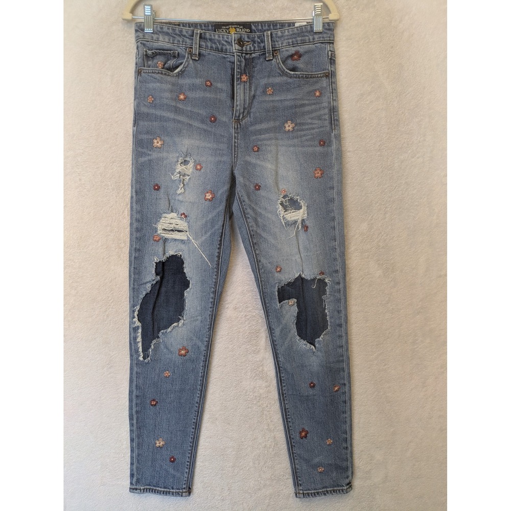 Lucky Brand Jeans Women's 6/28 Blue Floral‎ Embroidered Distressed High Rise